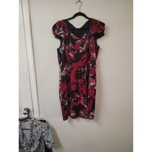 Adrianna Papell Red Black Grey Abstract Floral Cap Sleeve V-Neck Sheath Dress